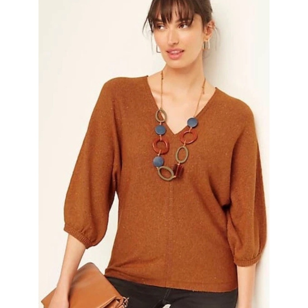 J. Jill Tweed Double V Sweater 2X Rust Burnt Orange Fall Dolman Balloon Sleeve